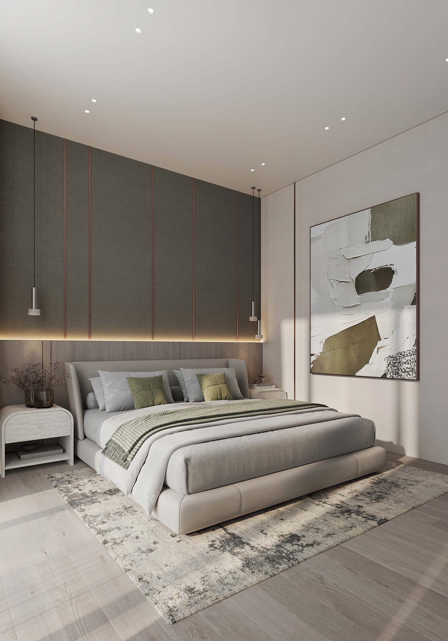 Cove By Imtiaz Modern bedroom featuring a large bed with decorative pillows, wall art, and stylish lighting elements.